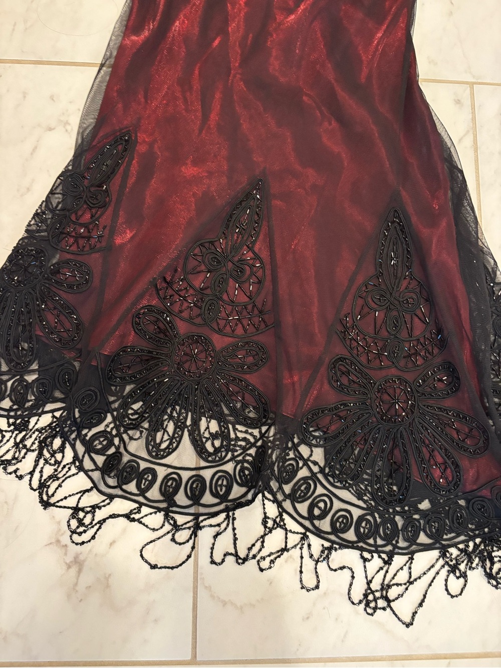 Sue Wong Burgundy Slip Dress with Black Lace Appliqué - Picture 3 of 8